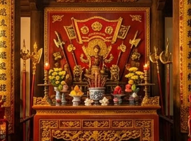 Ban thờ Đức Thánh Trần Hưng Đạo uy nghi tại đền Cố Trạch với hương nhang cháy đỏ nghi ngút