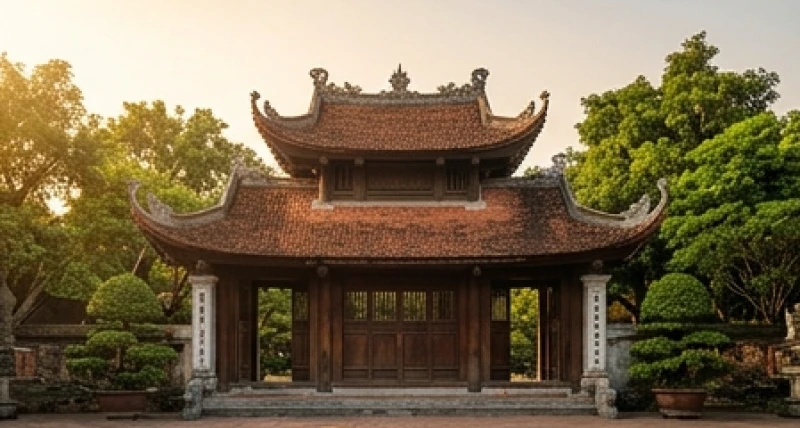 Cổng vào Đền Ghềnh tại phường Bồ Đề với kiến trúc truyền thống và không gian thanh tịnh
