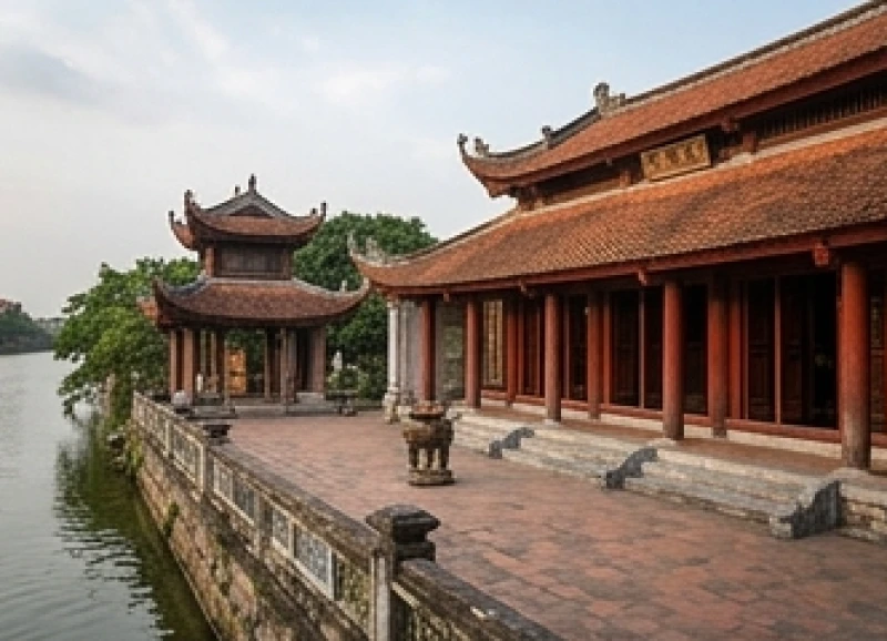 Khung cảnh cổ kính của Đền Ghềnh bên bờ sông Hồng trong ngày diễn ra lễ hội