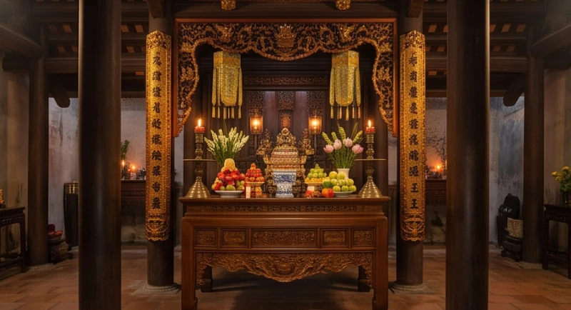Bức tượng nữ thần trong trang phục trang nghiêm được bài trí cẩn thận tại không gian linh thiêng của Đền Giếng