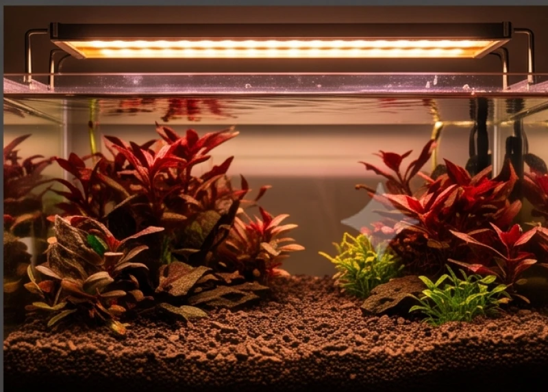 Hồ thủy sinh nổi bật với thảm sỏi màu trầm cùng ánh đèn LED tôn vinh sắc đỏ rực rỡ của lá