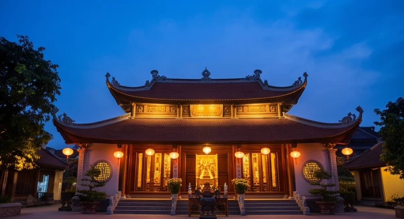 Văn khấn ngày tiệc Mẫu Đông Cuông: Bài cúng chuẩn danh xưng 5 Không gian tĩnh lặng tại đền Mẫu Đông Cuông vào chiều tối ngày Dần trước thềm đại lễ chính thức