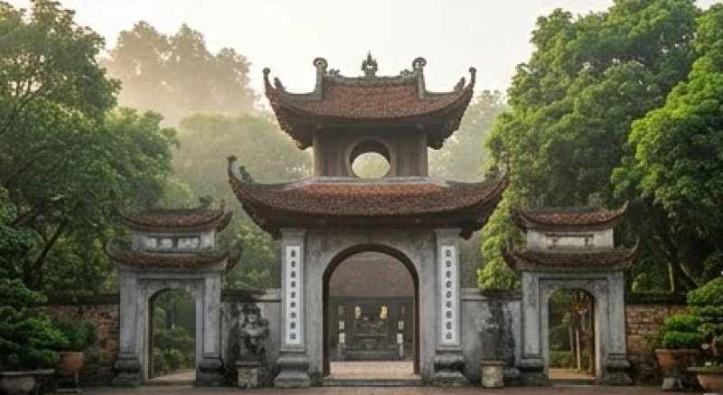 Kiến trúc cổ kính và uy nghiêm của cổng tam quan đền Sòng Sơn tại Bỉm Sơn Thanh Hóa trong sương sớm