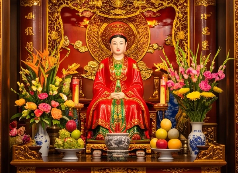 Ban thờ lộng lẫy tại Phủ Tây Hồ nơi thờ chính Thánh Mẫu Liễu Hạnh trong trang phục áo đỏ