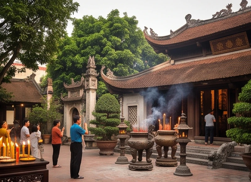 Cổng đền thờ Quan Hoàng Mười tấp nập người dân đến dâng hương cầu an