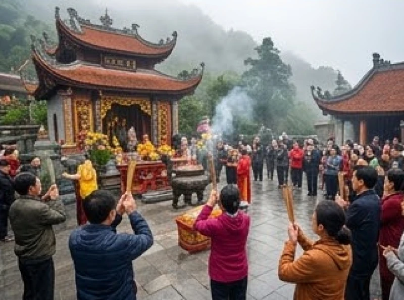 Văn khấn Đền Quốc Mẫu Tây Thiên: Văn bản chuẩn & Hướng dẫn sắm lễ 8 Đám đông tín chủ thành kính thắp hương trước cửa Đền Thượng Quốc Mẫu trong sương lạnh chốn vùng cao