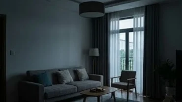 Căn phòng khách tĩnh lặng với bóng đèn chùm vừa tự tắt theo quan niệm điềm báo tâm linh