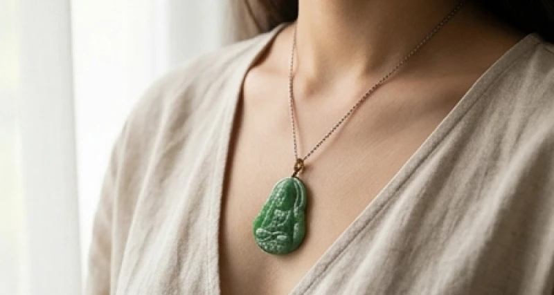 Người phụ nữ đeo dây chuyền mặt Phật bằng đá ngọc bích tự nhiên ở vị trí gần luân xa tim