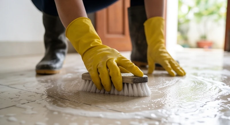 Nhà bị ngập là điềm gì: Phân tích theo nguồn nước & cách xả xui 8 Một người đeo găng tay cao su màu vàng và đi ủng đang dùng bàn chải cọ rửa sạch sẽ nền nhà gạch men