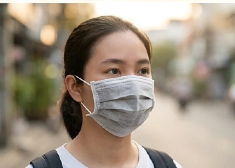 Một người đang đeo khẩu trang y tế khi di chuyển trên phố để phòng tránh nguy cơ lây nhiễm các bệnh về đường hô hấp