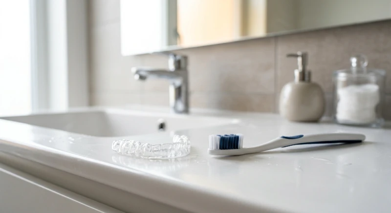 Bị mẻ răng là điềm gì: Ý nghĩa tâm linh, sơ cứu & bảng giá 12 Máng chống nghiến răng bằng nhựa dẻo trong suốt được đặt gọn gàng cạnh bàn chải đánh răng