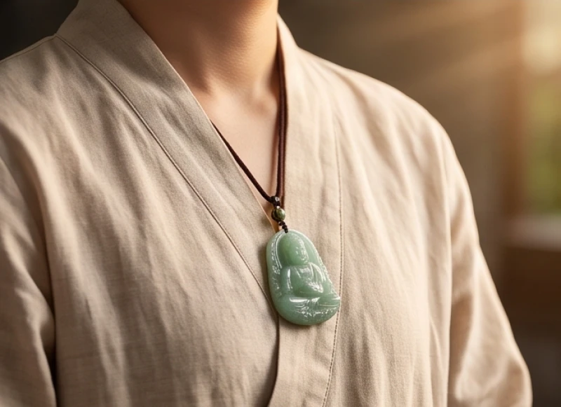 Cách chọn Phật bản mệnh theo tuổi chuẩn Ngũ hành & tra cứu nhanh 10 Hình dáng người mặc trang phục thiền đang đeo mặt Phật bản mệnh trước ngực ngay vị trí huyệt Đàn Trung