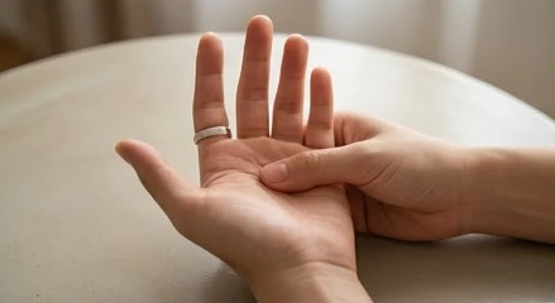 Đường sự nghiệp bị đứt đoạn: Ý nghĩa mốc tuổi và cách cải vận 7 Bàn tay đeo một chiếc nhẫn trơn bằng bạc ở ngón giữa đang nhẹ nhàng xoa bóp gò Thái Âm