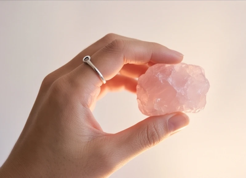 Đường hôn nhân ngắn: Cách đo tỷ lệ chuẩn và phương pháp hóa giải 9 Bàn tay đeo chiếc nhẫn trơn ở ngón trỏ và cầm một viên đá thạch anh hồng