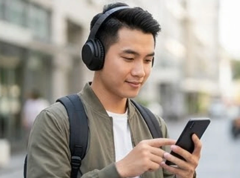 Ù tai là điềm gì: Tra cứu theo giờ và góc nhìn y khoa 10 Thanh niên sử dụng tai nghe trùm đầu và giữ âm lượng ở mức an toàn để bảo vệ thính giác
