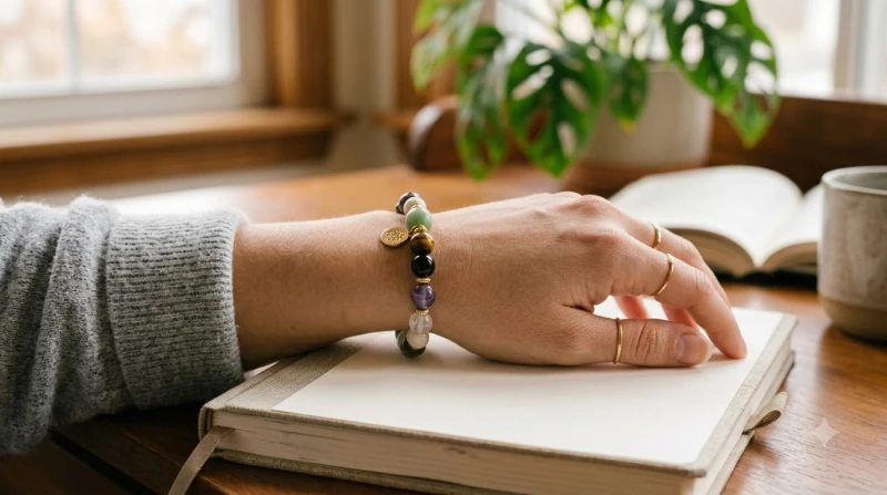 Sáu đường chỉ tay may mắn: Vị trí chuẩn và ý nghĩa tài lộc 12 Người đeo vòng đá phong thủy hợp mệnh trên cổ tay đang ghi chép sổ tài chính