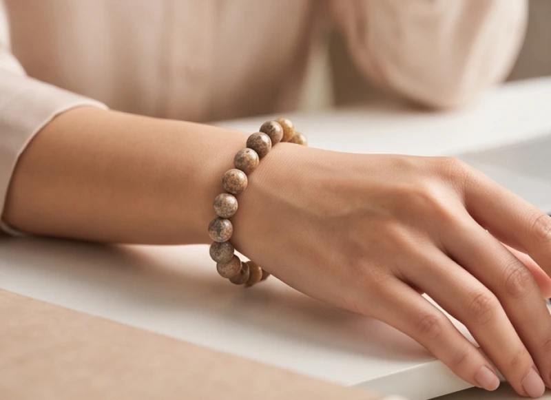 Vòng tay đá phong thủy tuổi Thân: chuẩn size hạt và quy tắc đếm 6 Một người phụ nữ đeo chuỗi vòng đá phong thủy hạt 8mm vừa vặn và thanh lịch trên cổ tay nhỏ