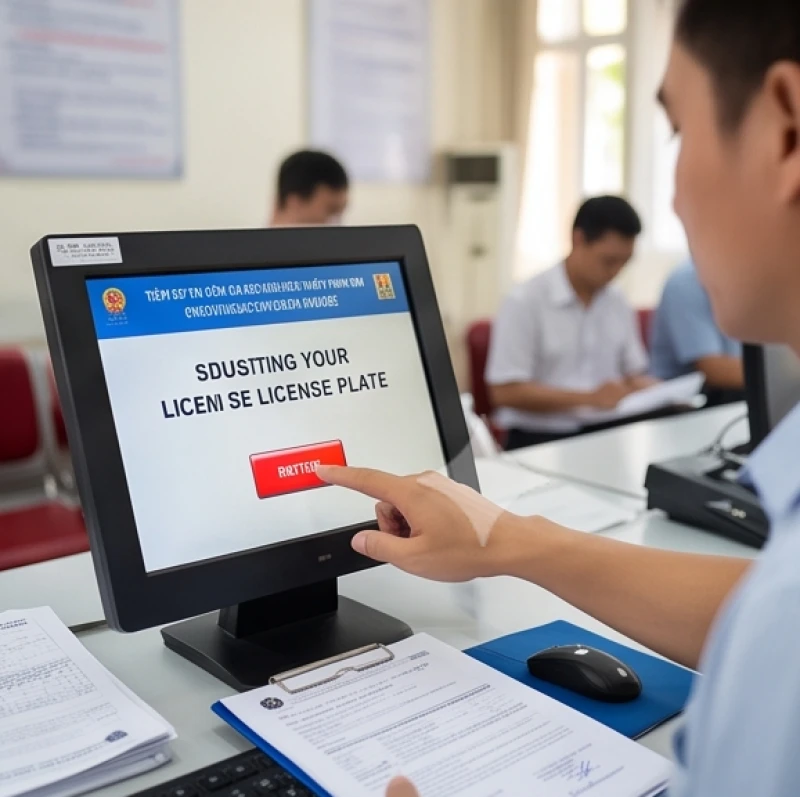 Cán bộ chức năng hướng dẫn chủ xe thao tác bấm nút chọn biển số điện tử ngẫu nhiên tại cơ quan đăng ký