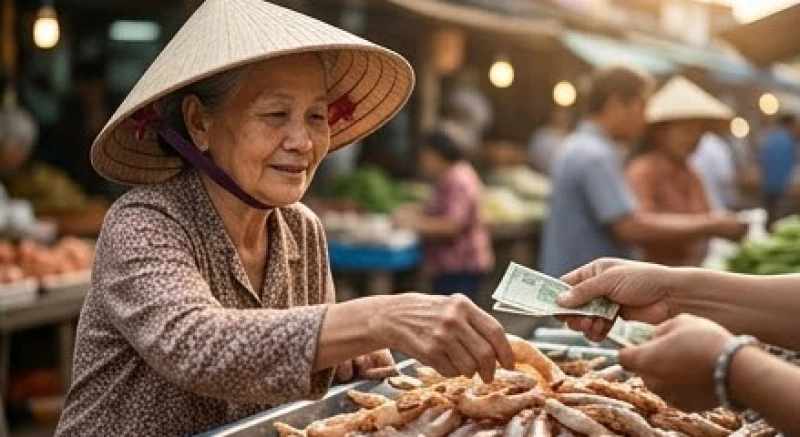 Người phụ nữ đang lựa chọn và trả tiền mua tôm tươi sống tại một khu chợ dân sinh sầm uất