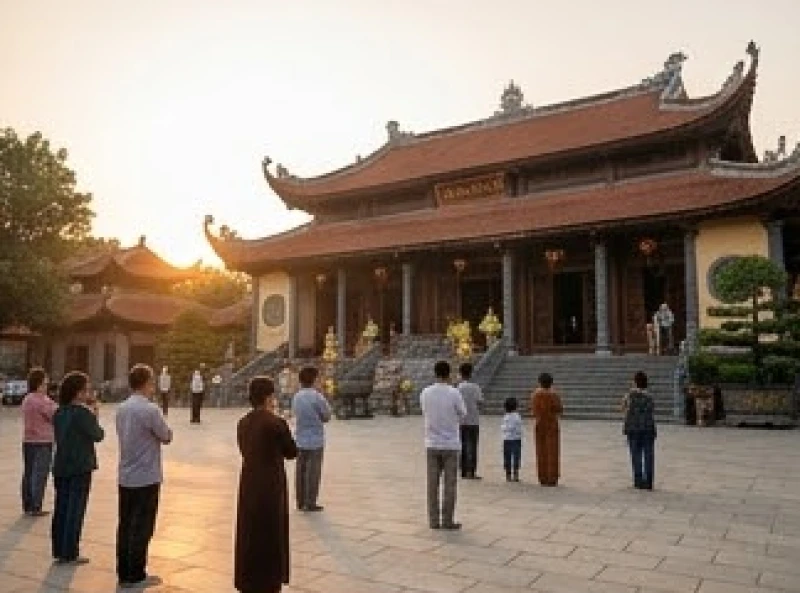 Người dân dâng hương và thành tâm vái lạy trước chính điện tại một ngôi chùa uy nghi