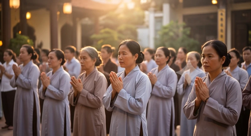Không gian dâng lễ tại một ngôi chùa linh thiêng với dòng người ăn mặc chỉnh tề, tĩnh tâm chắp tay khấn vái