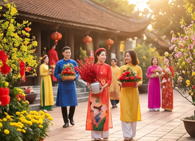 Khung cảnh đông đúc nhộn nhịp của dòng người du xuân đi lễ chùa mùng 1 Tết Nguyên Đán để cầu may mắn
