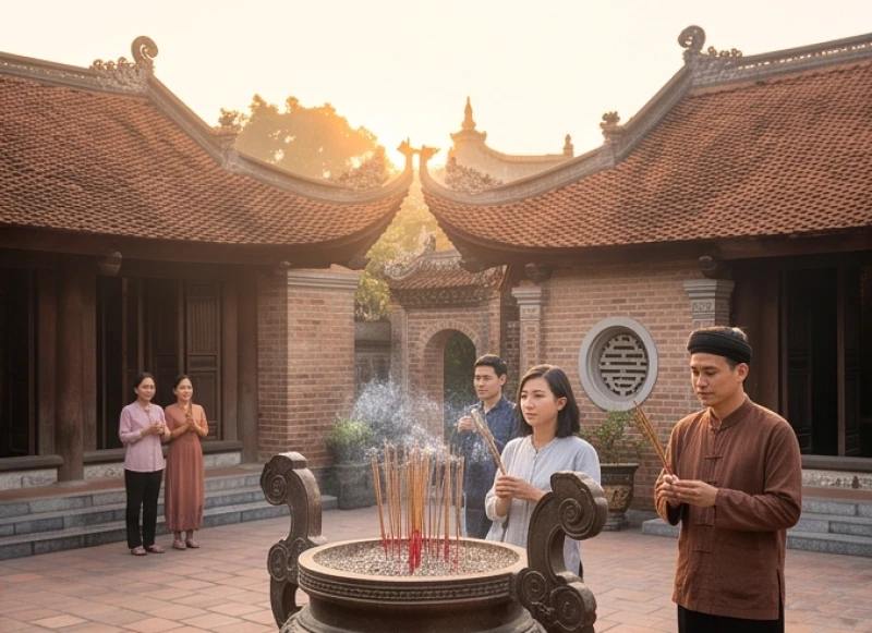 Văn khấn cầu con tại chùa: Bài khấn chuẩn, lễ vật và văn tạ lễ 3 Cảnh dòng người đi dâng hương và cầu nguyện tại ngôi chùa cổ kính trong buổi sáng ngày mùng 1 âm lịch