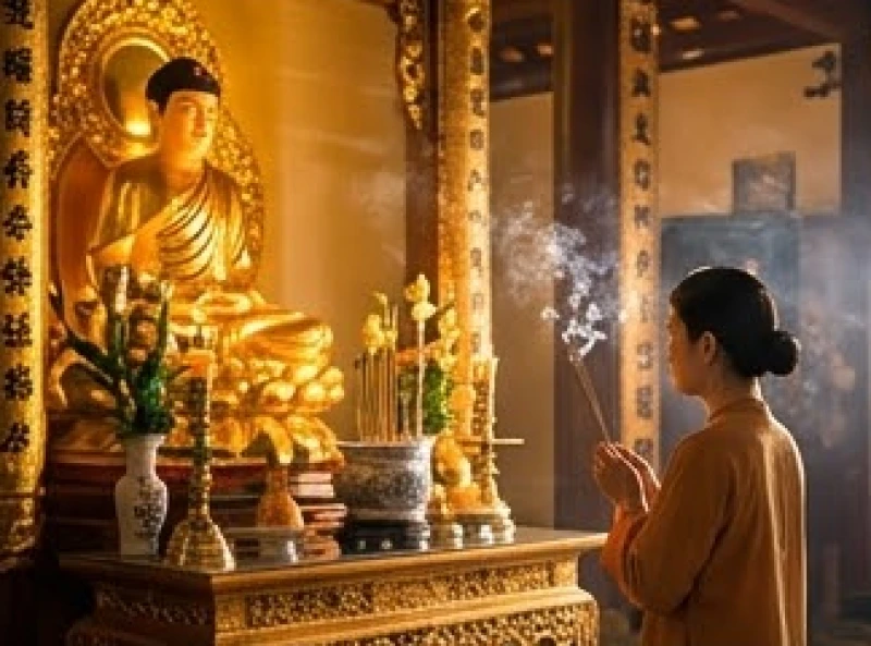 Khung cảnh đi chùa thắp hương cầu an dưới bức tượng Phật lớn mang lại cảm giác bình yên