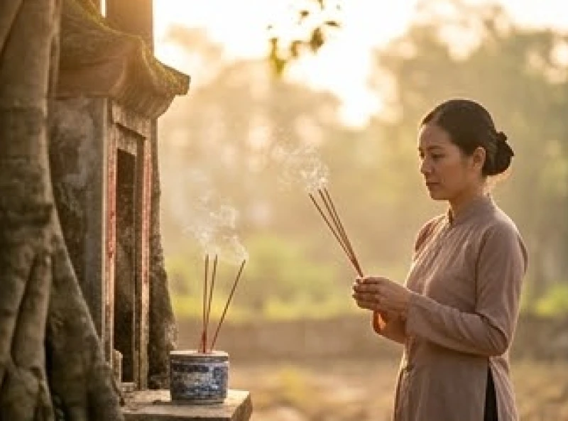 Văn khấn cây đa cổ thụ: Bài cúng chuẩn tâm linh & cách sắm lễ 3 Người phụ nữ thắp nhang dâng lễ tại miếu cây đa vào buổi sáng sớm tinh mơ