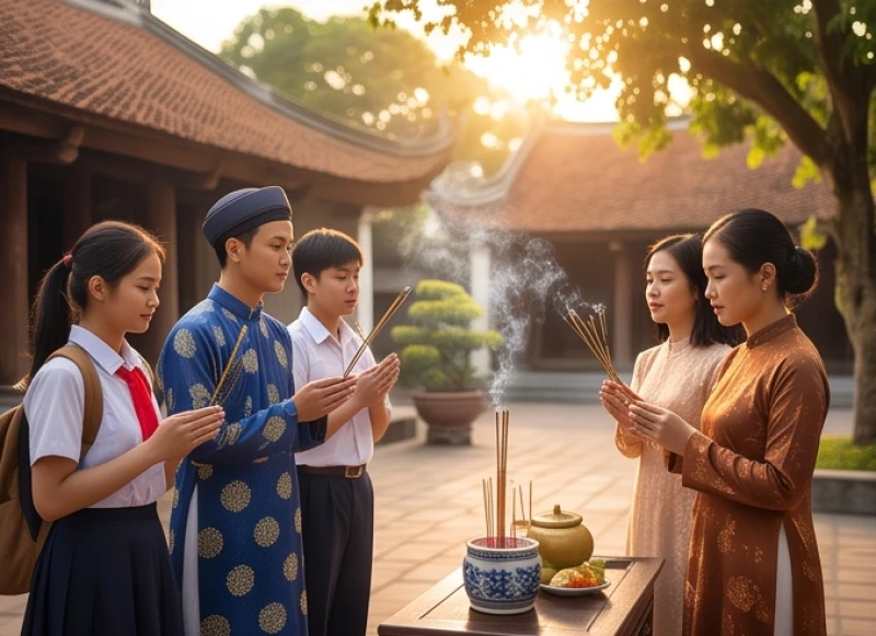 Nhiều học sinh và phụ huynh đến dâng hương tại đền thờ danh nhân văn hóa để cầu mong học hành đỗ đạt