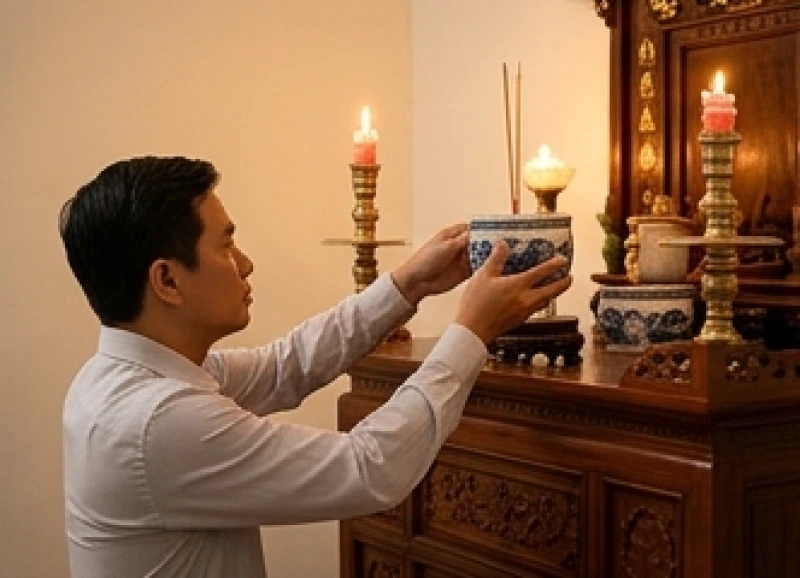 Văn khấn hết tang vợ: Bài cúng chuẩn Hiển thê & nghi lễ xả tang 8 Bát hương được lau dọn sạch sẽ và cẩn thận di chuyển lên ban thờ chung của gia đình