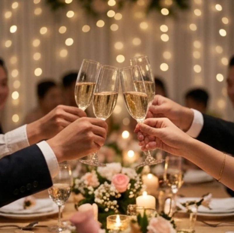 Những người bạn mỉm cười nâng ly chúc mừng cô dâu chú rể trong một tiệc cưới ấm cúng