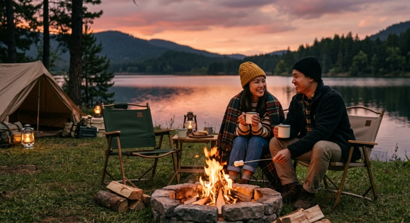 Vợ chồng cùng nhau thư giãn trong một chuyến đi cắm trại ngắn ngày