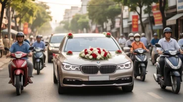Khung cảnh đoàn xe hoa rước dâu tấp nập trên phố giúp giải đáp đi đường gặp đám cưới là điềm gì
