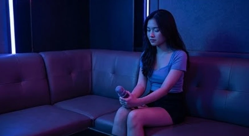 Cô gái ngồi cô đơn một mình trên ghế sofa trong phòng karaoke rộng lớn với ánh sáng lạnh lẽo bao quanh