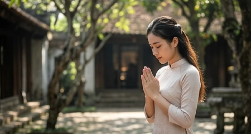 Văn khấn Công chúa Tiên Dung: Bài cúng và cách sắm lễ cầu duyên 2 Cô gái mặc áo dài truyền thống đang chắp tay khấn nguyện tình duyên tốt đẹp tại chốn đền phủ linh thiêng