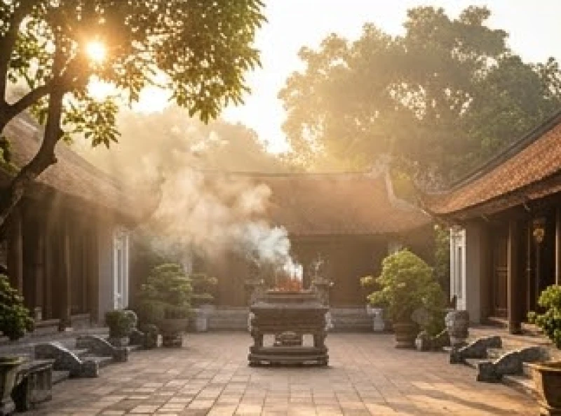 Khung cảnh ngôi chùa truyền thống Việt Nam thanh tịnh và yên bình trong sương sớm