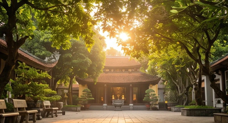 Khung cảnh bình yên tại sân chùa vào sáng sớm khi ánh nắng ban mai chiếu rọi qua từng tán lá rụng