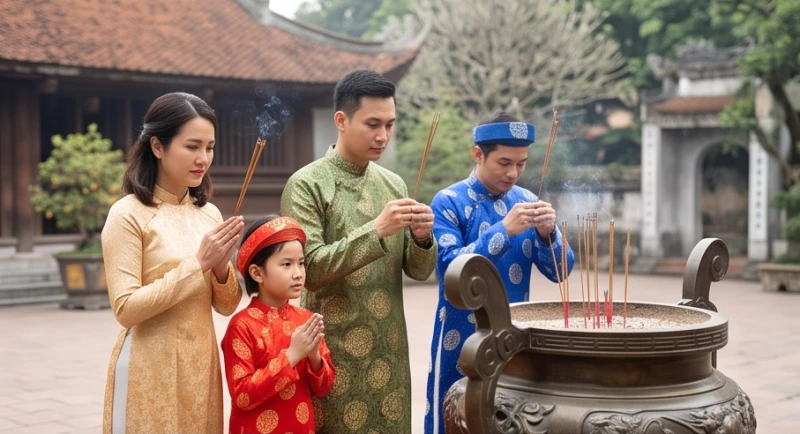 Gia đình người Việt mặc trang phục truyền thống dâng hương và cầu nguyện bình an tại không gian thanh tịnh của ngôi chùa