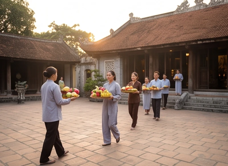 Văn khấn ban Tam Bảo tại chùa: Bài khấn chuẩn và cách sắm lễ 8 Khung cảnh bình yên tại sân chùa Hà với những người đi lễ đội mâm lễ chay hướng về gian chính điện