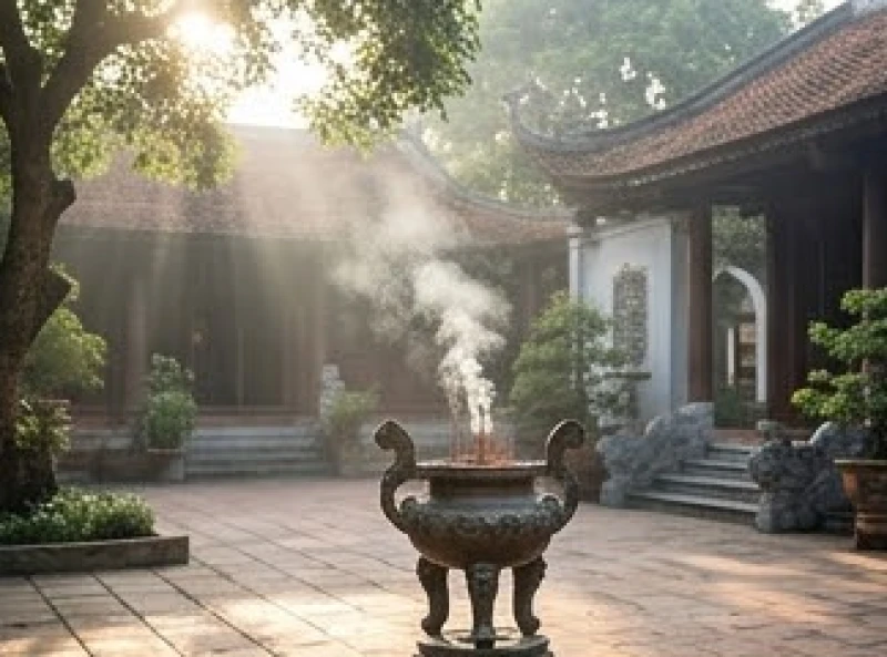 Văn khấn Địa Tạng tại chùa: Hướng dẫn sắm lễ và bài cúng chuẩn 3 Không gian thanh tịnh của ngôi chùa Việt Nam trong sớm mùng Một với khói hương trầm nhẹ nhàng