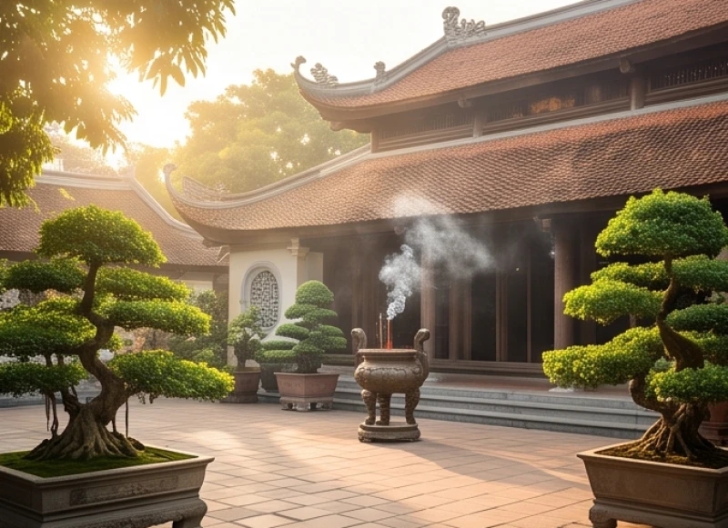 Khung cảnh thanh bình vào buổi sáng sớm tại sân chùa trong ngày vía Phật Bà Quan Âm với những vạt nắng vàng êm dịu