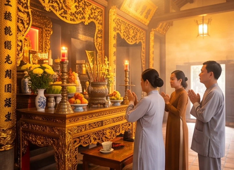 Văn khấn Bà Chúa Năm Phương: Bài cúng chuẩn và cách sắm lễ 1 Người dân dâng hương và thực hành nghi lễ thờ mẫu tại đền thờ Bà Chúa Năm Phương