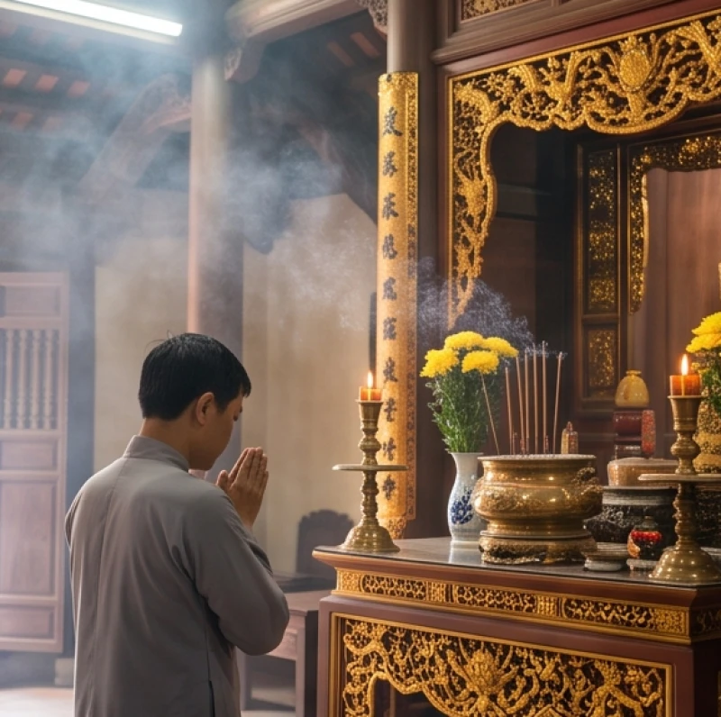 Mơ Thấy Đi Lễ Đền Là Điềm Báo Gì? Giải Mã Chi Tiết & Số Lộc 1 Người đi lễ đền tĩnh tâm cầu nguyện trước án gian thờ tự ngập tràn khói hương