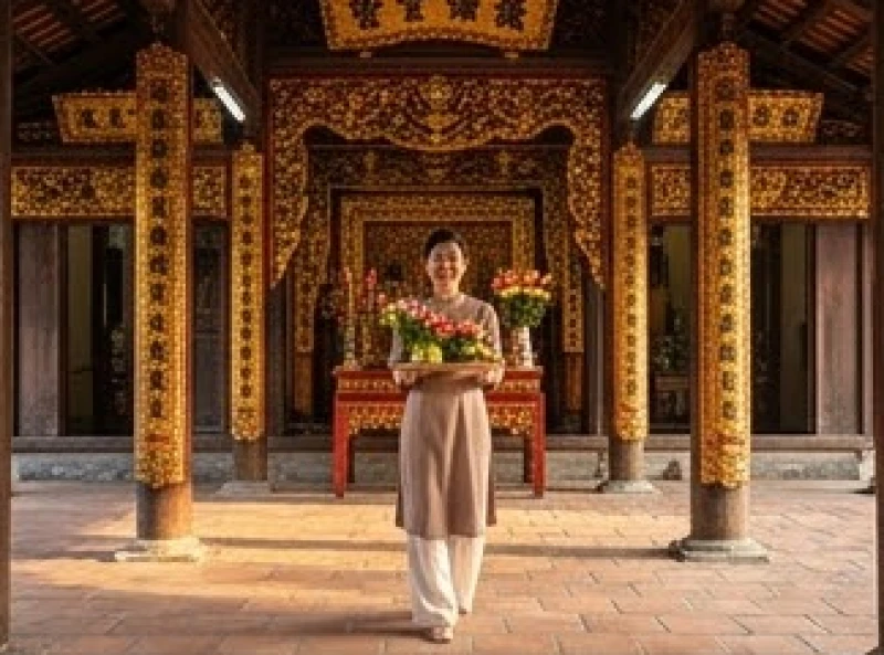 Người dân mặc trang phục thanh lịch cầm mâm lễ vào phủ thờ Đạo Mẫu