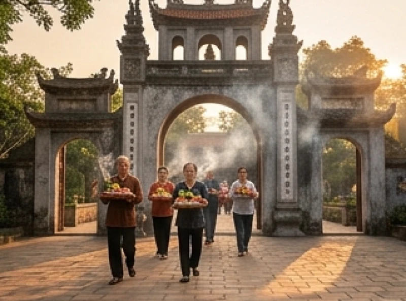 Người dân thành tâm đội mâm lễ tạ bước qua cổng tam quan đền Bà Chúa Kho trong làn khói nhang mờ ảo
