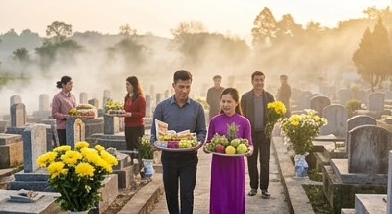 Văn khấn tảo mộ đầu năm: Bài cúng chuẩn và sắm lễ tránh phạm kỵ 2 Người dân mang theo mâm lễ và hoa tươi đi viếng thăm phần mộ gia đình vào một buổi sáng mùa xuân trong lành