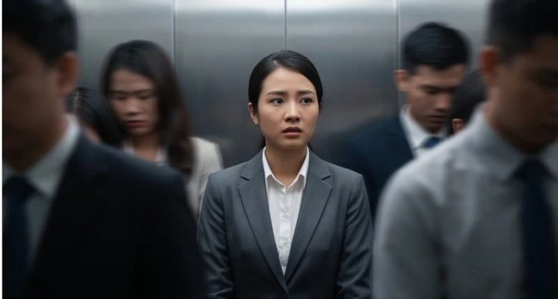 Một người phụ nữ đứng chung không gian chật hẹp với nhóm người lạ mang khuôn mặt mờ ảo