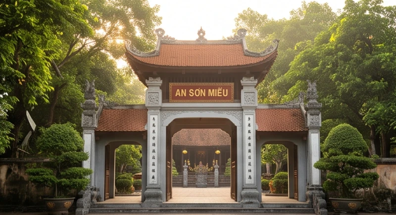 Không gian kiến trúc cổng chào cổ kính tại An Sơn Miếu Côn Đảo dưới ánh nắng ban mai