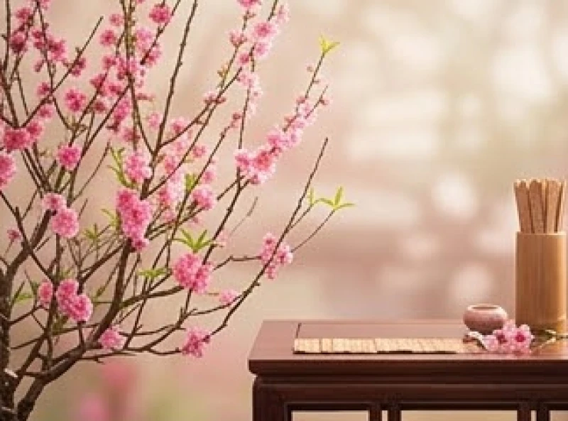 Một nhành hoa đào nở rộ rực rỡ bên cạnh bàn gieo quẻ bói toán trong không khí se lạnh của mùa xuân